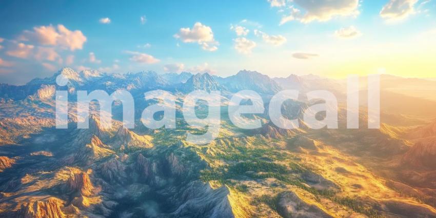 Mountainous Landscape Bathed in Golden Light with Blue Sky and Clouds, Aerial Perspective