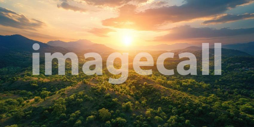 Mountainous Landscape Bathed in Golden Light with Blue Sky and Clouds, Aerial Perspective
