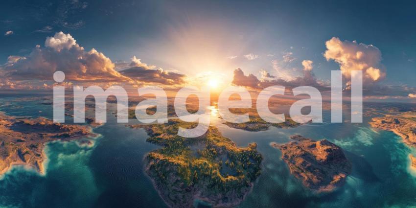 Mountainous Landscape Bathed in Golden Light with Blue Sky and Clouds, Aerial Perspective