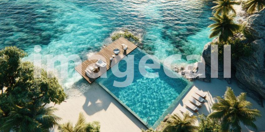 Heart-Shaped Swimming Pool Surrounded by Palm Trees and Lounge Chairs, Tropical Resort View