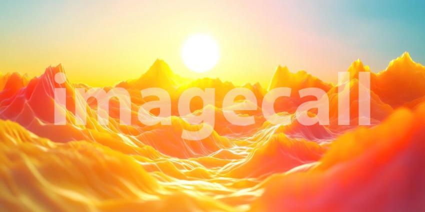 Mountainous Landscape Bathed in Golden Light with Blue Sky and Clouds, Aerial Perspective