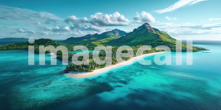 Tropical River with Boats, Lush Vegetation, and Pink Flowers, Aerial View of a Paradise Setting
