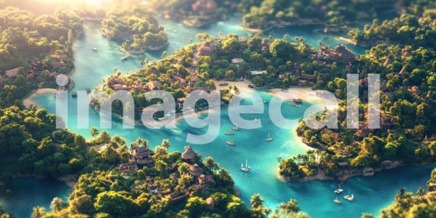 Tropical River with Boats, Lush Vegetation, and Pink Flowers, Aerial View of a Paradise Setting