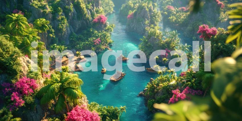 Tropical River with Boats, Lush Vegetation, and Pink Flowers, Aerial View of a Paradise Setting