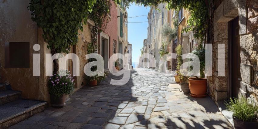 Cobblestone Street Lined with Buildings and Greenery in a Sunny Mediterranean Town