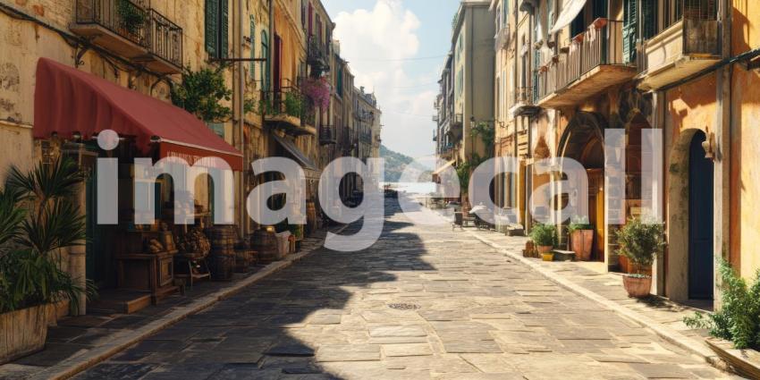 Cobblestone Street Lined with Buildings and Greenery in a Sunny Mediterranean Town