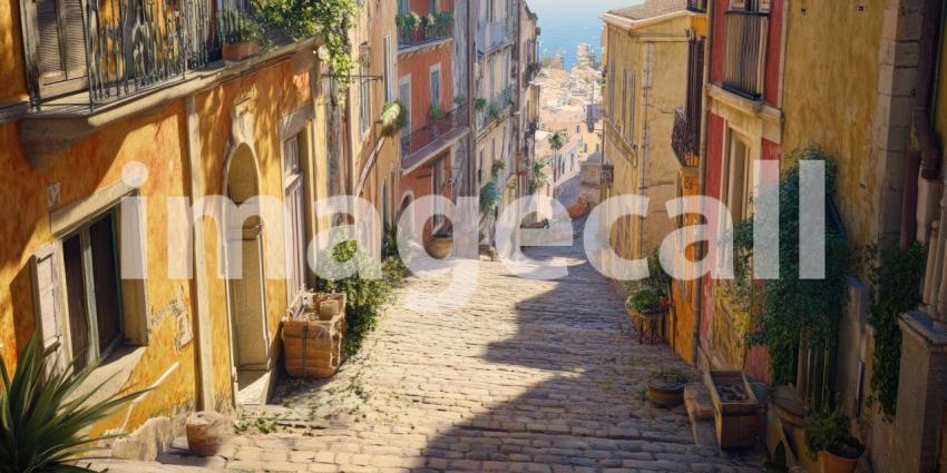 Cobblestone Street Lined with Buildings and Greenery in a Sunny Mediterranean Town