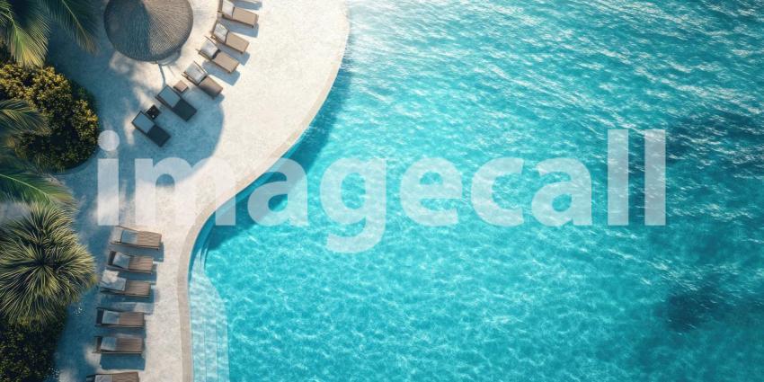 Heart-Shaped Swimming Pool Surrounded by Palm Trees and Lounge Chairs, Tropical Resort View