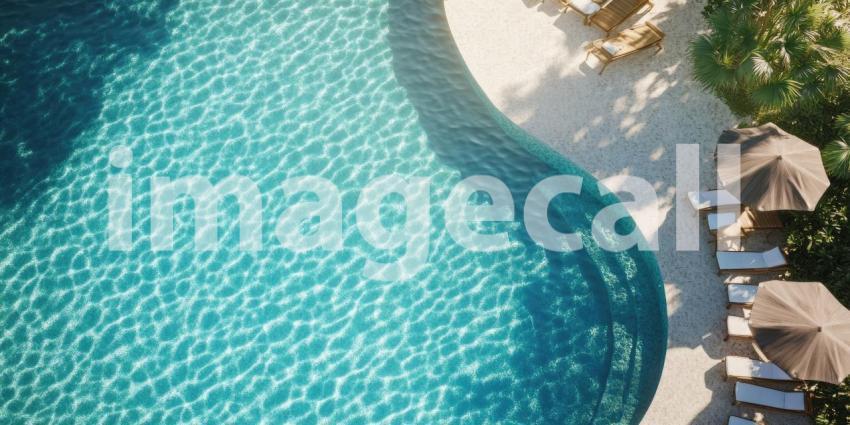 Heart-Shaped Swimming Pool Surrounded by Palm Trees and Lounge Chairs, Tropical Resort View