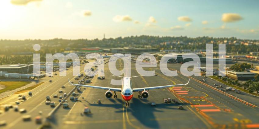 Airplane Taking Off from Airport Runway at Sunrise, Busy Airport Scene with Cityscape in Background
