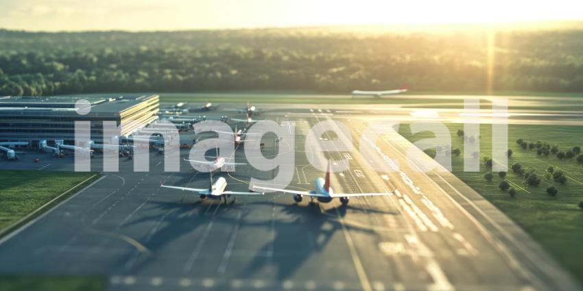 Airplane Taking Off from Airport Runway at Sunrise, Busy Airport Scene with Cityscape in Background