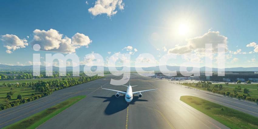 Airplane Taking Off from Airport Runway at Sunrise, Busy Airport Scene with Cityscape in Background