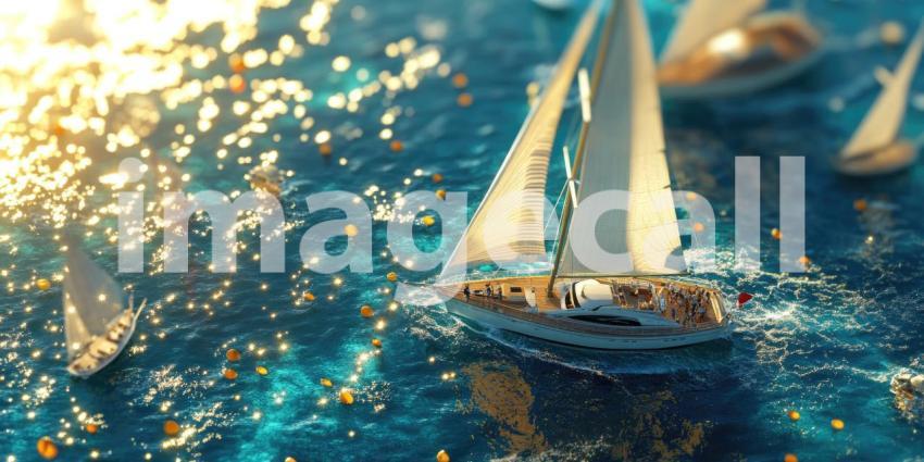 Sailing Yacht in Turquoise Waters Near Rocky Coastline, Aerial View at Sunset