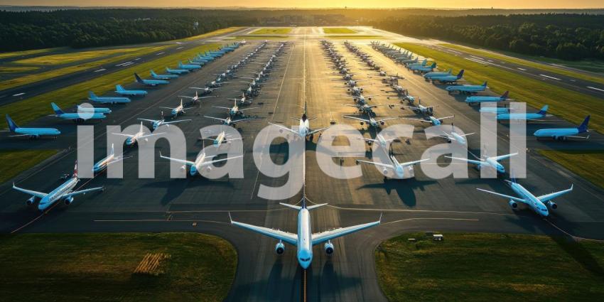 Airplane Taking Off from Airport Runway at Sunrise, Busy Airport Scene with Cityscape in Background
