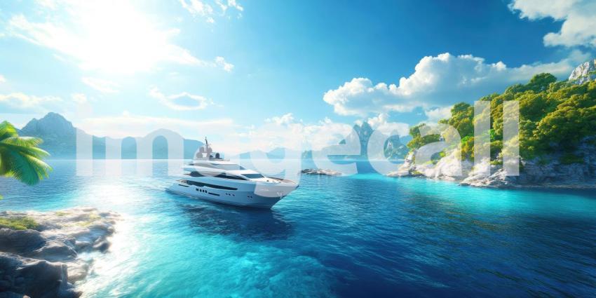 Sailing Yacht in Turquoise Waters Near Rocky Coastline, Aerial View at Sunset