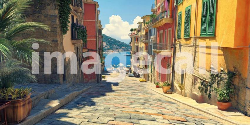 Cobblestone Street Lined with Buildings and Greenery in a Sunny Mediterranean Town