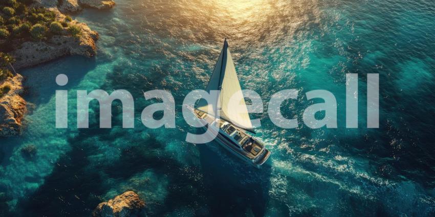 Sailing Yacht in Turquoise Waters Near Rocky Coastline, Aerial View at Sunset