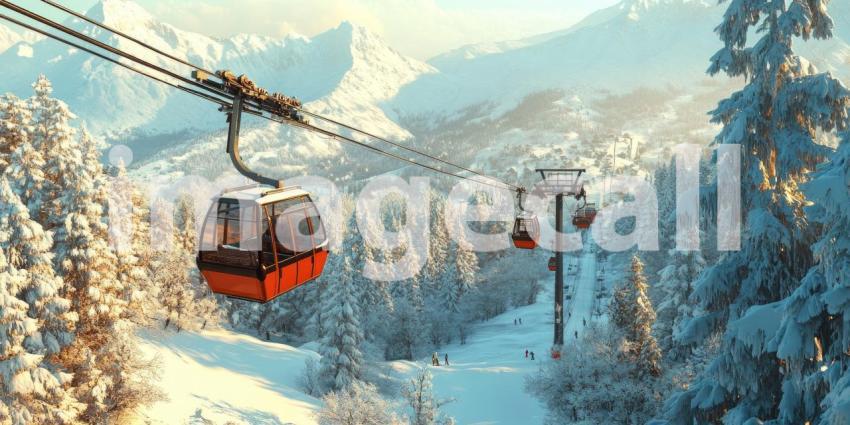 Ski Resort with Cable Cars Ascending Snowy Mountains, Winter Wonderland Landscape
