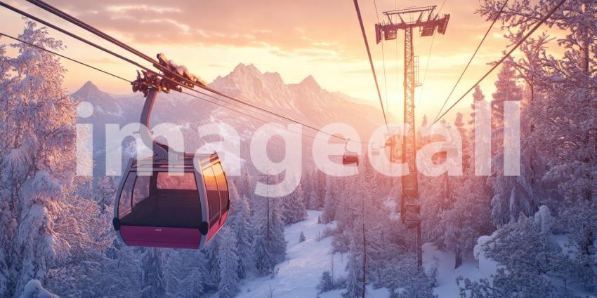 Ski Resort with Cable Cars Ascending Snowy Mountains, Winter Wonderland Landscape