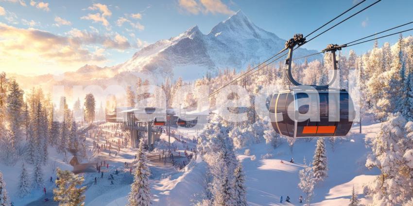 Ski Resort with Cable Cars Ascending Snowy Mountains, Winter Wonderland Landscape