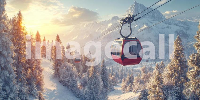 Ski Resort with Cable Cars Ascending Snowy Mountains, Winter Wonderland Landscape