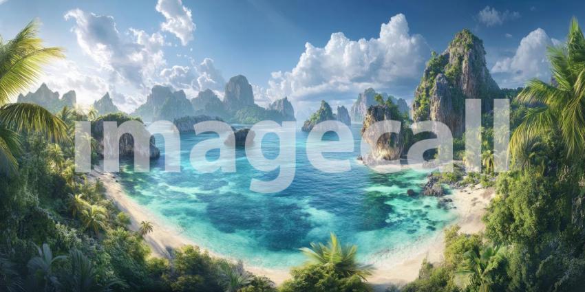 Secluded Tropical Cove with Turquoise Waters, White Sand Beach, and Lush Green Cliffs