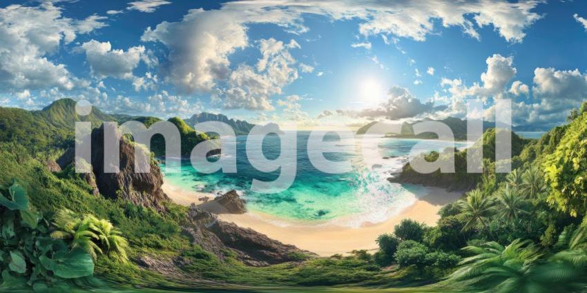 Secluded Tropical Cove with Turquoise Waters, White Sand Beach, and Lush Green Cliffs