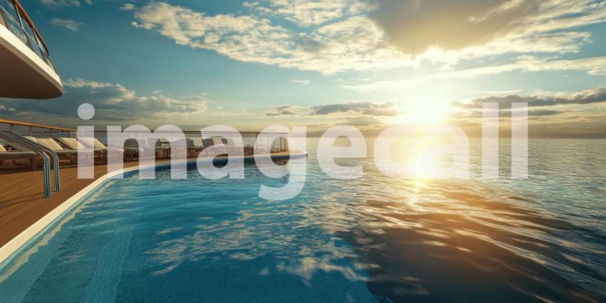 Infinity Pool Overlooking the Ocean on a Sunny Day, Luxurious Cruise Ship Deck View