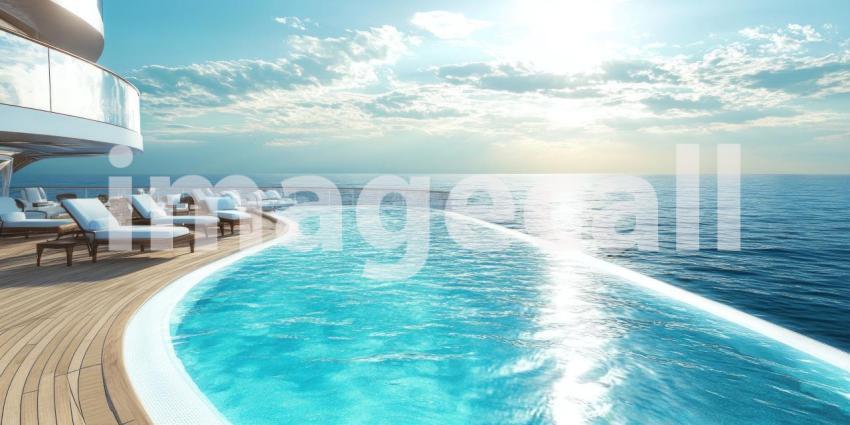 Infinity Pool Overlooking the Ocean on a Sunny Day, Luxurious Cruise Ship Deck View
