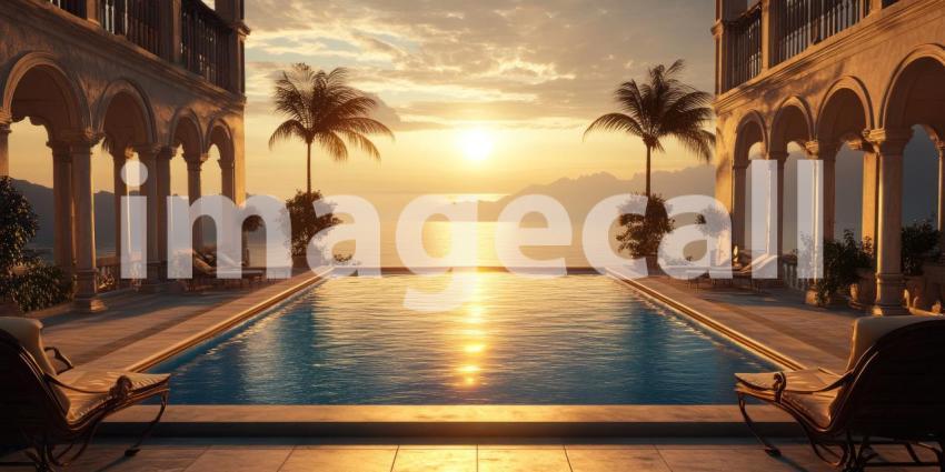 Mediterranean Villa with Pool Overlooking the Sea at Sunset, Elegant Architecture and Palm Trees