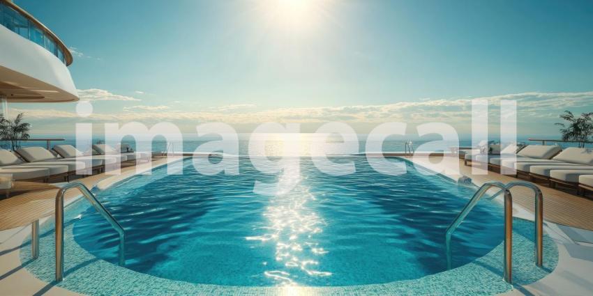 Infinity Pool Overlooking the Ocean on a Sunny Day, Luxurious Cruise Ship Deck View