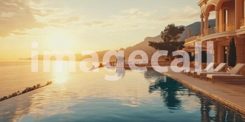 Mediterranean Villa with Pool Overlooking the Sea at Sunset, Elegant Architecture and Palm Trees