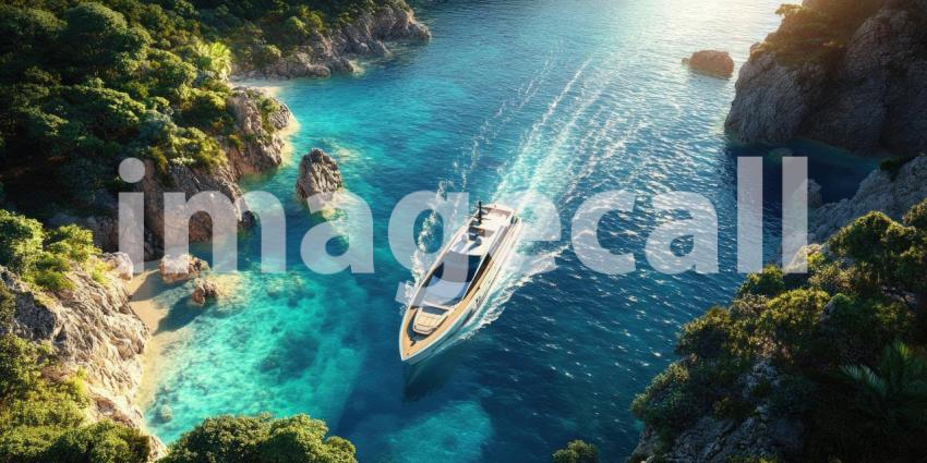 Sailing Yacht in Turquoise Waters Near Rocky Coastline, Aerial View at Sunset