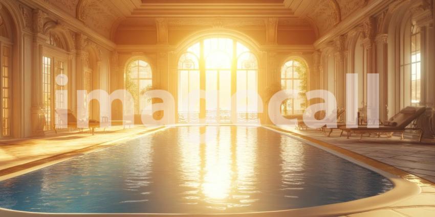 Mediterranean Villa with Pool Overlooking the Sea at Sunset, Elegant Architecture and Palm Trees