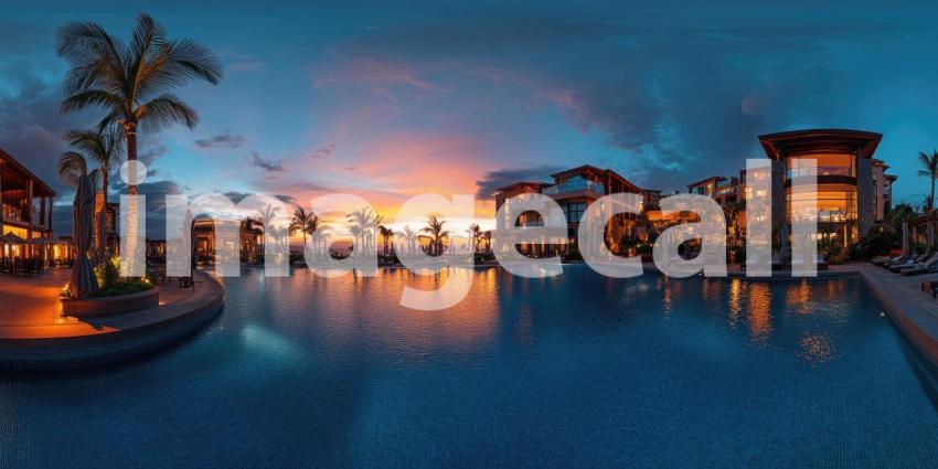 Luxurious Resort with Long Swimming Pool, Palm Trees, and Classical Architecture at Golden Hour