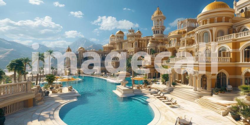 Luxurious Resort with Long Swimming Pool, Palm Trees, and Classical Architecture at Golden Hour