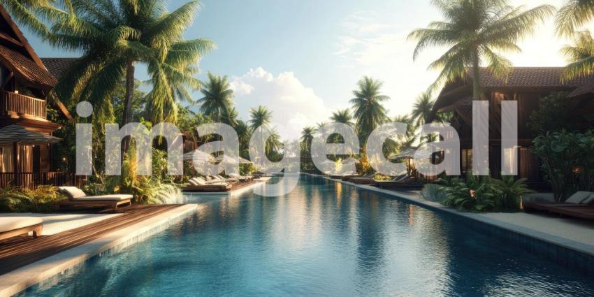 Luxurious Resort with Long Swimming Pool, Palm Trees, and Classical Architecture at Golden Hour