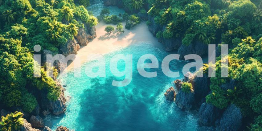 Secluded Tropical Cove with Turquoise Waters, White Sand Beach, and Lush Green Cliffs