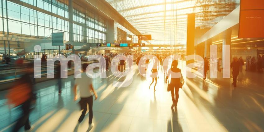 Busy Airport Terminal Bustling with Travelers and Sunlit Tarmac View Through Glass Windows
