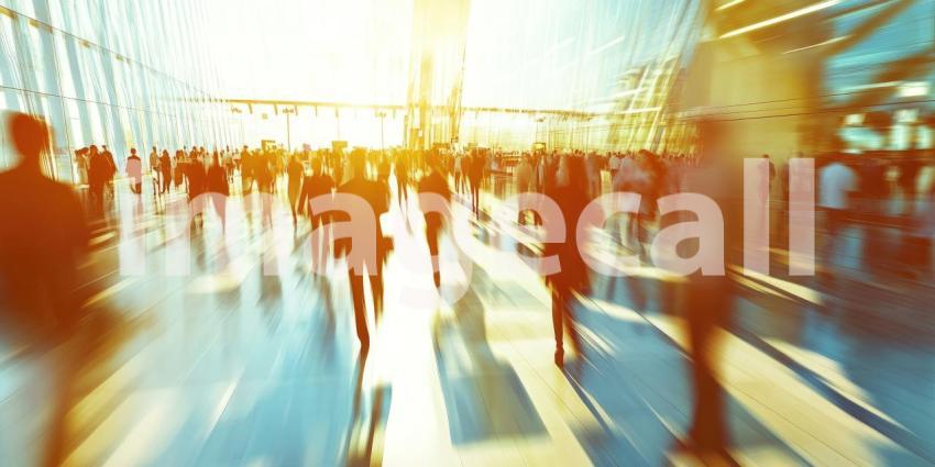 Busy Airport Terminal Bustling with Travelers and Sunlit Tarmac View Through Glass Windows