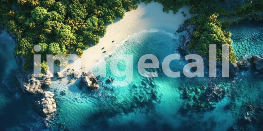 Secluded Tropical Cove with Turquoise Waters, White Sand Beach, and Lush Green Cliffs