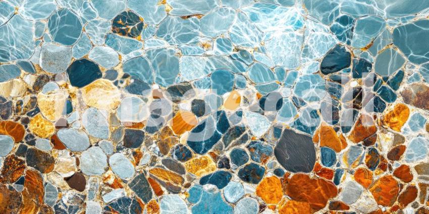Textured Stone Mosaic with Blue and Orange Hues, Abstract Pattern