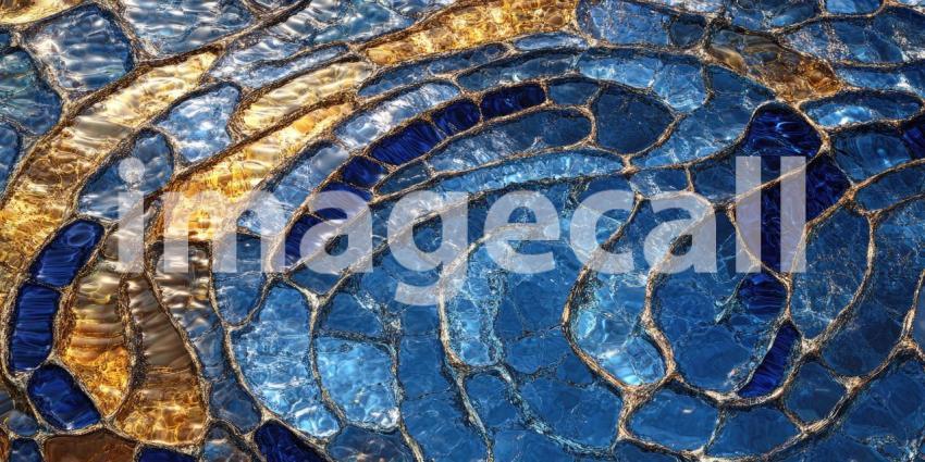 Textured Stone Mosaic with Blue and Orange Hues, Abstract Pattern