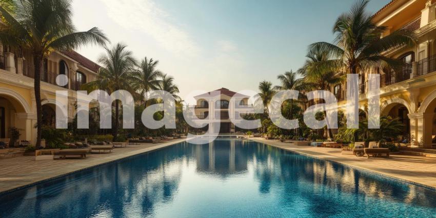 Luxurious Resort with Long Swimming Pool, Palm Trees, and Classical Architecture at Golden Hour