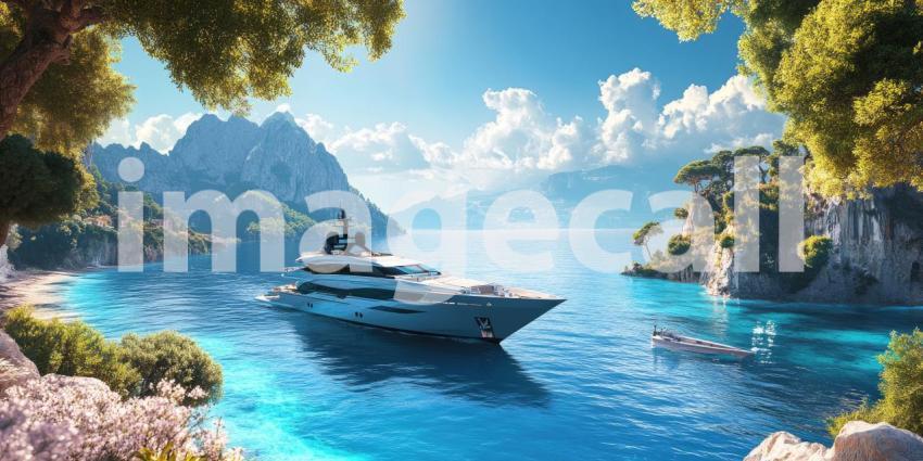 Tropical Beach Paradise with Turquoise Waters, Palm Trees, and Rocky Cliffs, Sunny Day Scene