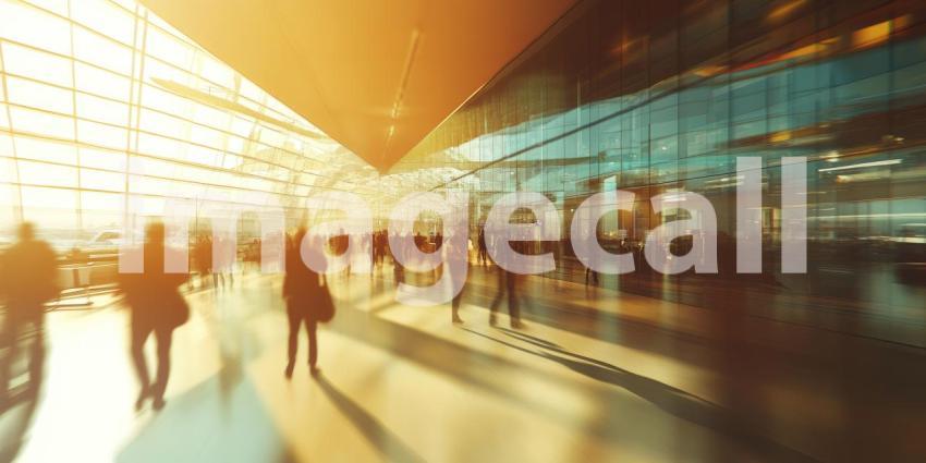 Busy Airport Terminal Bustling with Travelers and Sunlit Tarmac View Through Glass Windows