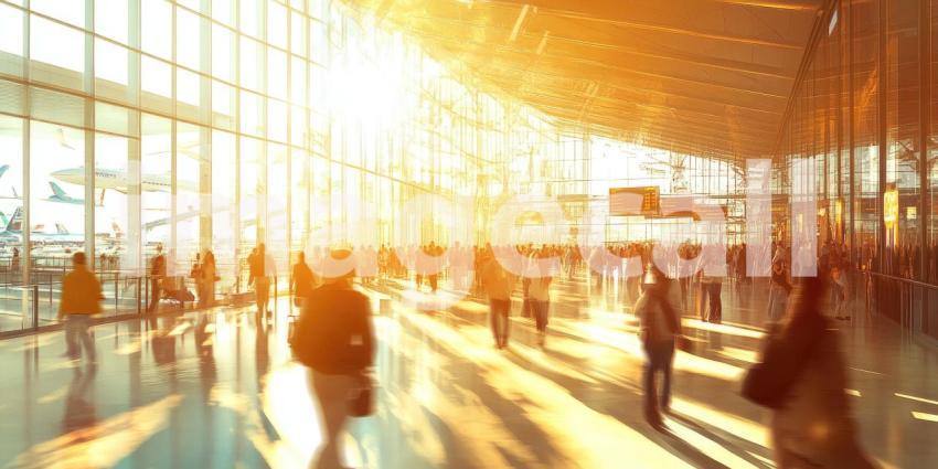 Busy Airport Terminal Bustling with Travelers and Sunlit Tarmac View Through Glass Windows