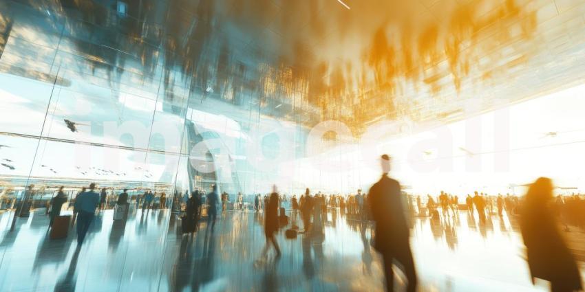 Busy Airport Terminal Bustling with Travelers and Sunlit Tarmac View Through Glass Windows