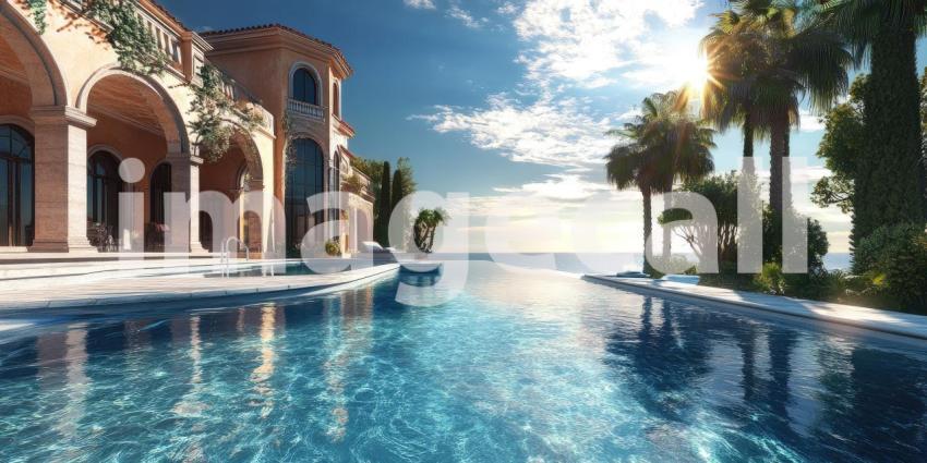 Luxury Yacht Anchored in a Bay with a Coastal Town and Mountain Backdrop, Sunny Mediterranean Scene