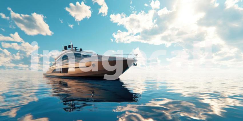 Luxury Yacht Anchored in a Bay with a Coastal Town and Mountain Backdrop, Sunny Mediterranean Scene
